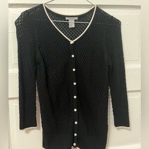 H&M Black V-Neck Lace Knit Cardigan with Cream Trim